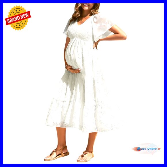 Maternity Midi Dress Flutter Sleeve Smocked Top A-Line V-Neck